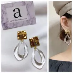 2274-2 ゴールド☺︎スクエア型デザインメタルとクリア雫型フープのピアス☺︎