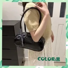 【color黒】ミニボストンバッグ シンプル 横長 バレエコア リボン付