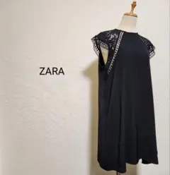 ZARA ザラ レース切り替えデザイン夏チュニックトップス ブラック 海外Ｍ