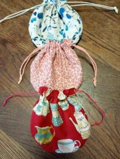 巾着袋3点セット - 花柄・ティーポット柄・葉柄 　ハンドメイド