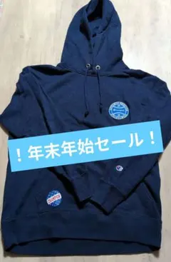 Championネイビーフード付パーカー M胸元袖先前ポケットフードワンポイント