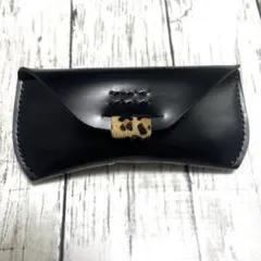 ハンドメイド 本革メガネケース レオパード柄アクセント艶ブラウン