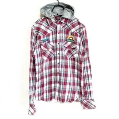 WATERBACK／フード取り外し付きチェックシャツ　赤系【Lサイズ】