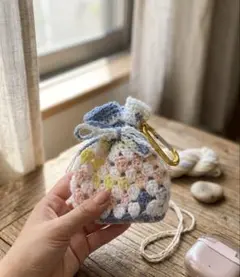 【ハンドメイド】カラビナ付き ミニ巾着ポーチ＊AirPodsケース＊パステルのサムネイル