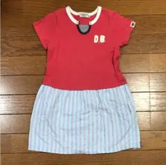 レア ミキハウス ダブルB 切り替えワンピース 100 赤×水色ストライプ