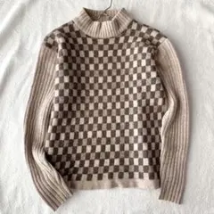 【Giove】リブニット チェック柄 毛混 モックネック 長袖 カジュアル M