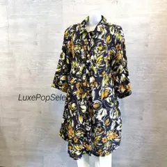 天然素材　綿麻フラワープリント　ロング丈ブラウス　サイズM