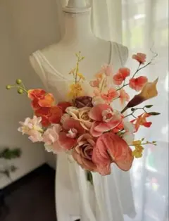 【定価20000円】ウエディングブーケ　前撮り　結婚式　造花　ピンクオレンジ系