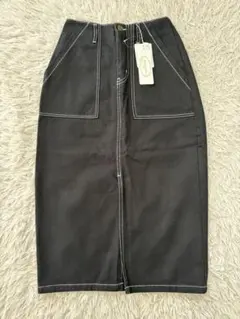 【タグ付き】ブラック タイトスカート 配色ステッチ ロング