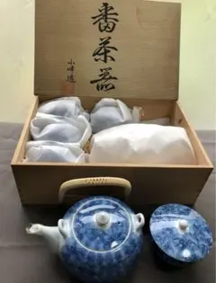 【新品未使用】有田焼 番茶器 蓋付茶器揃 呉須笹★急須1点湯呑5点セット 小峰造
