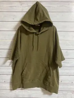 オリーブ色 フード付きオーバーサイズ半袖パーカー Sサイズ
