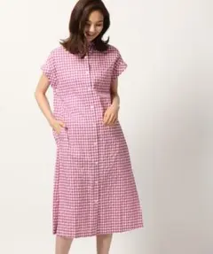 美品　GLOBAL WORK　ギンガムチェック　シャツワンピース　半袖　ピンク