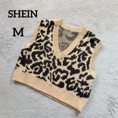 【シーイン】ニットベスト クロップド丈 (M) レオパード柄 Vネック 重ね着