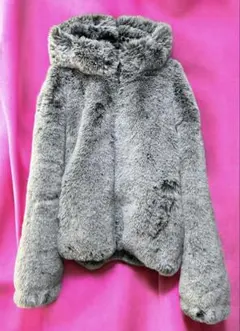 zara フェイクファー　フード付きジャケット　グレー　Lサイズ