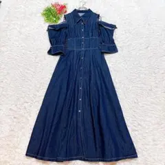 【ダズリン】 デニムステッチワンピース オープンショルダー 肌見せ 体型カバー