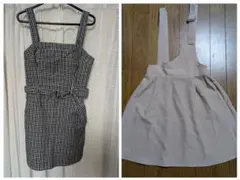 ジャンバースカート 白黒チェック、薄ピンク無地2点セット