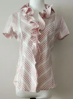 NARACAMICIE 定番フリルストライプ 半袖シャツ Lサイズ相当#262