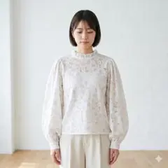 大人可愛い♡花柄レース パッチワーク風 ブラウス フリルネック ボリューム袖 白