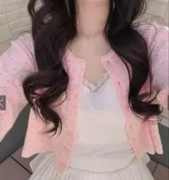 ピンク レース編み クロップドカーディガン