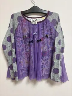 紫色ドット柄リボン付き長袖カットソー