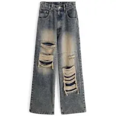 GRL グレイル フェイクダメージストレートデニムパンツ ブルー S 新品