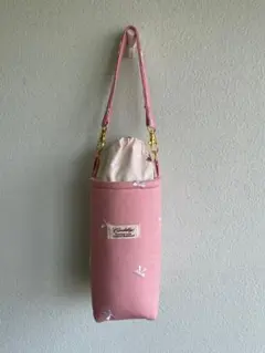 586：ペットボトルカバー　リボン刺繍柄ピンク色　保温保冷