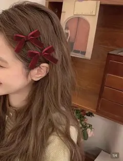 SHEIN　ヘアアクセ　ヘアピン　リボン　ベロア　赤　13079296