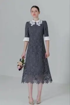 LEJA 花柄レースカラースパンコール刺繍Aラインフレアドレスワンピース グレー