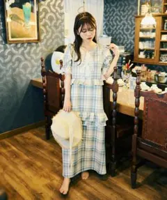 【クティールとレトロ】レースリボンチェックフリルワンピース