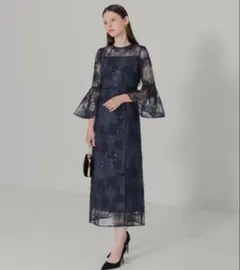 LEJA】異素材シアー刺繍レース透け感プリーツスリーブIラインペンシル