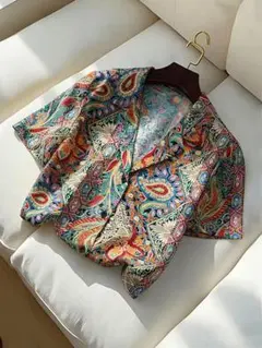 ペイズリー柄　シャツ　L　半袖　襟付き　ブラウス　レディース　春　夏