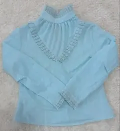 ヴィンテージ フリル ハイネックブラウス 水色 長袖 ファスナー