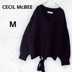 セシルマクビー ニット セーター Vネック バックリボン ブラック M リブ
