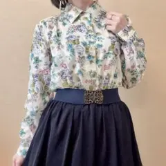 花柄 コットン 総柄シャツブラウス 昭和レトロ ヴィンテージ 日本製 白 青 紫