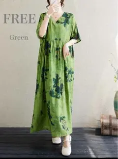 ボタニカル　ロングワンピース　体型カバー　グリーン　Ａライン　ギャザーワンピース