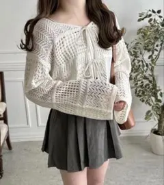 GRL 透かし編みダブルリボンカーディガン