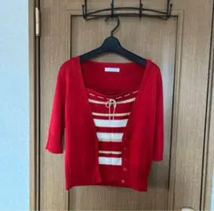 OZOC レッド ストライプ カーディガン・キャミソールセット