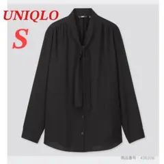 【美品】ユニクロ　レーヨンボウタイブラウス　シャツ　Vネック　ブラック　Sのサムネイル