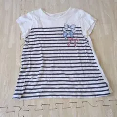リボン刺繍付きストライプTシャツ　チュニック丈 260525のサムネイル