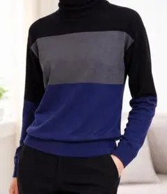 ユニクロ +J メリノブレンドタートルネックセーター カラーブロック 青 黒