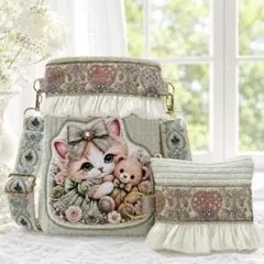 パネル生地 猫 インド刺繍 大きめショルダーバッグ ミニポーチ付き