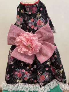 犬服 着物スタイル 黒とピンク 花柄