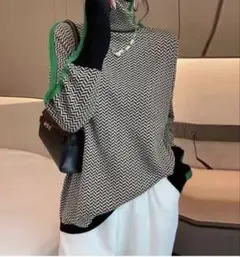 【送料無料】ハイネック配色ラインニット ¥7,590 グリーン