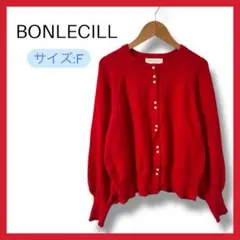 BONLECILL パールボタン クルーネックニットカーデ F レッド