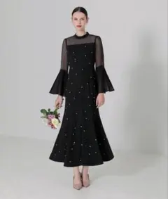 Leja パールビジュープリーツフレアスリーブビーズマーメイド