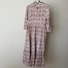 ブロックプリント　七分袖　ロングワンピース