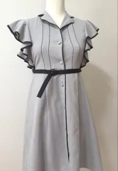 グレー フリル袖 ベルト付き 清楚ワンピース