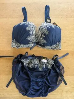【新品・未使用・タグ付き】ブラ＆ショーツ F65 M ネイビー 金レース 刺繍
