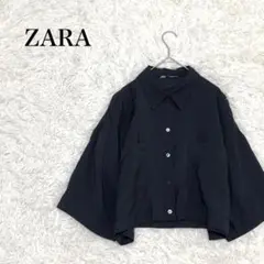 ZARA ザラ　ショート丈ワイドブラウス　L　半袖　ブラック　ポケット