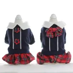 【値下げ】0232-4犬服冬服　制服風　つなぎ/ワンピース　チェック柄リボン